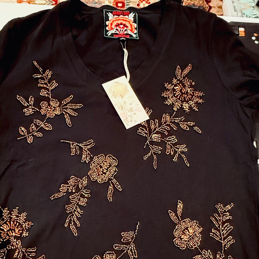 Johnny Was NWT, black LS cotton, copper beaded floral motif top sz S